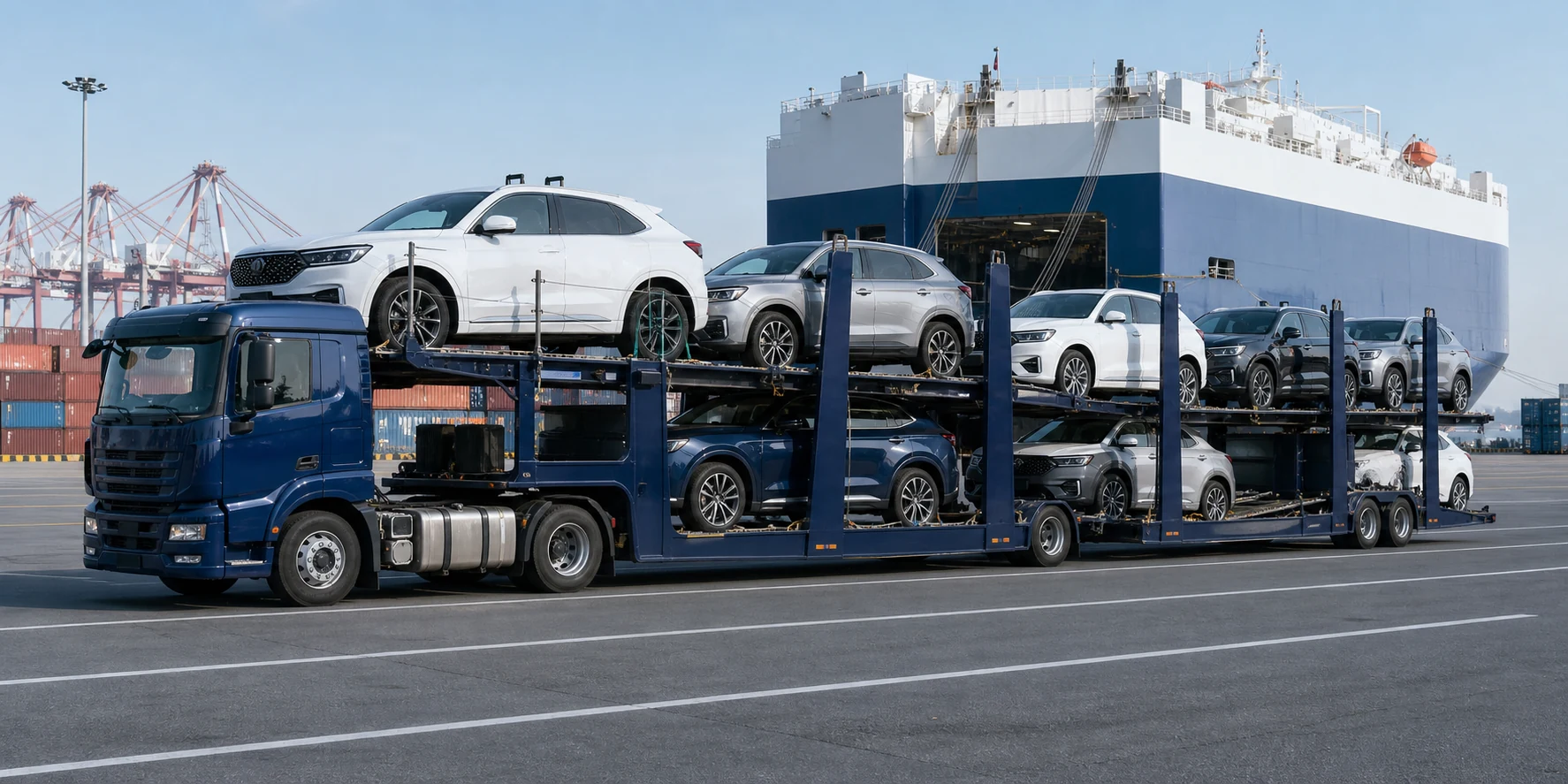 Car carrier ship representing international vehicle shipping