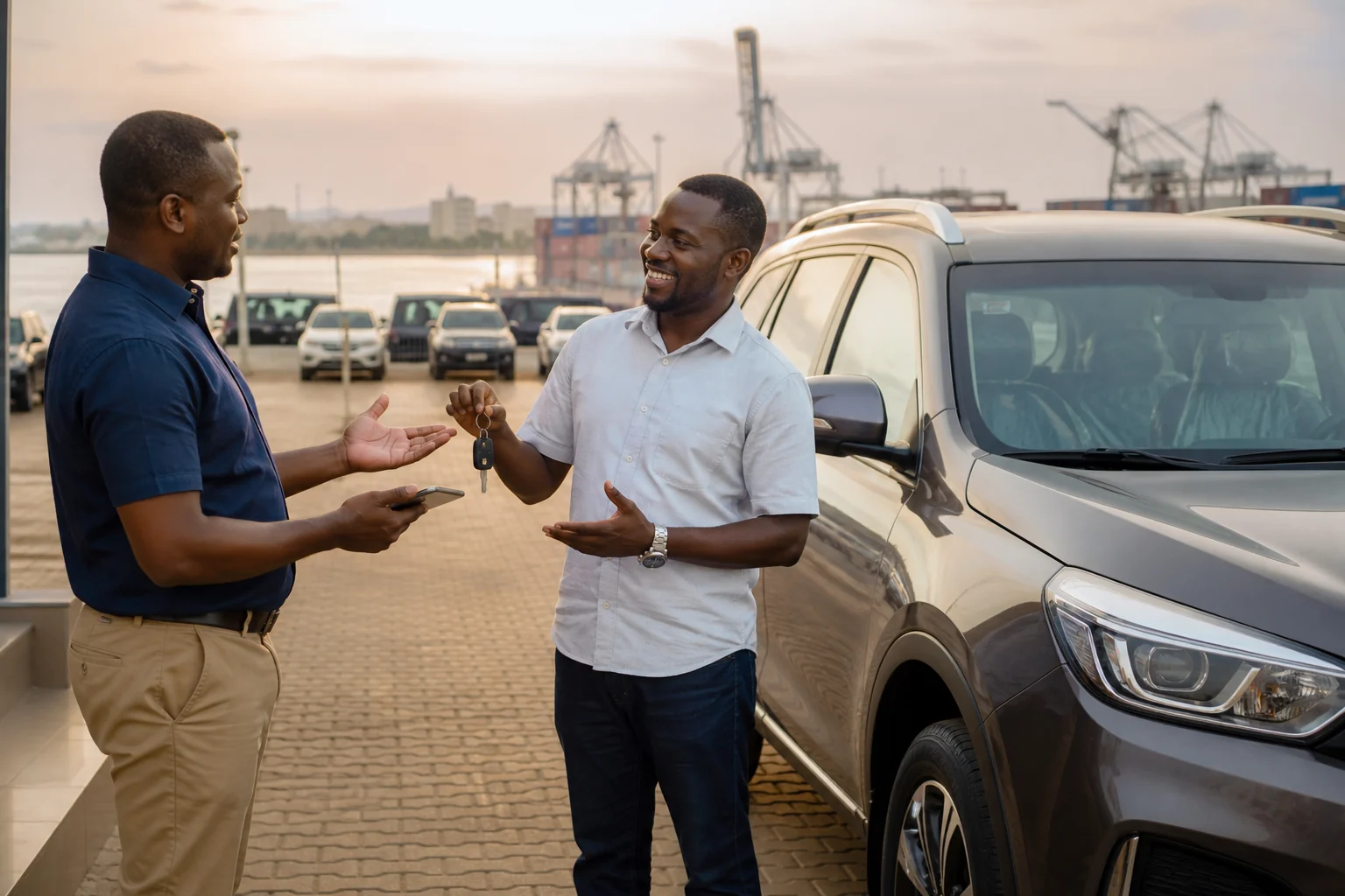 Ghanaian buyer receiving an imported SUV
