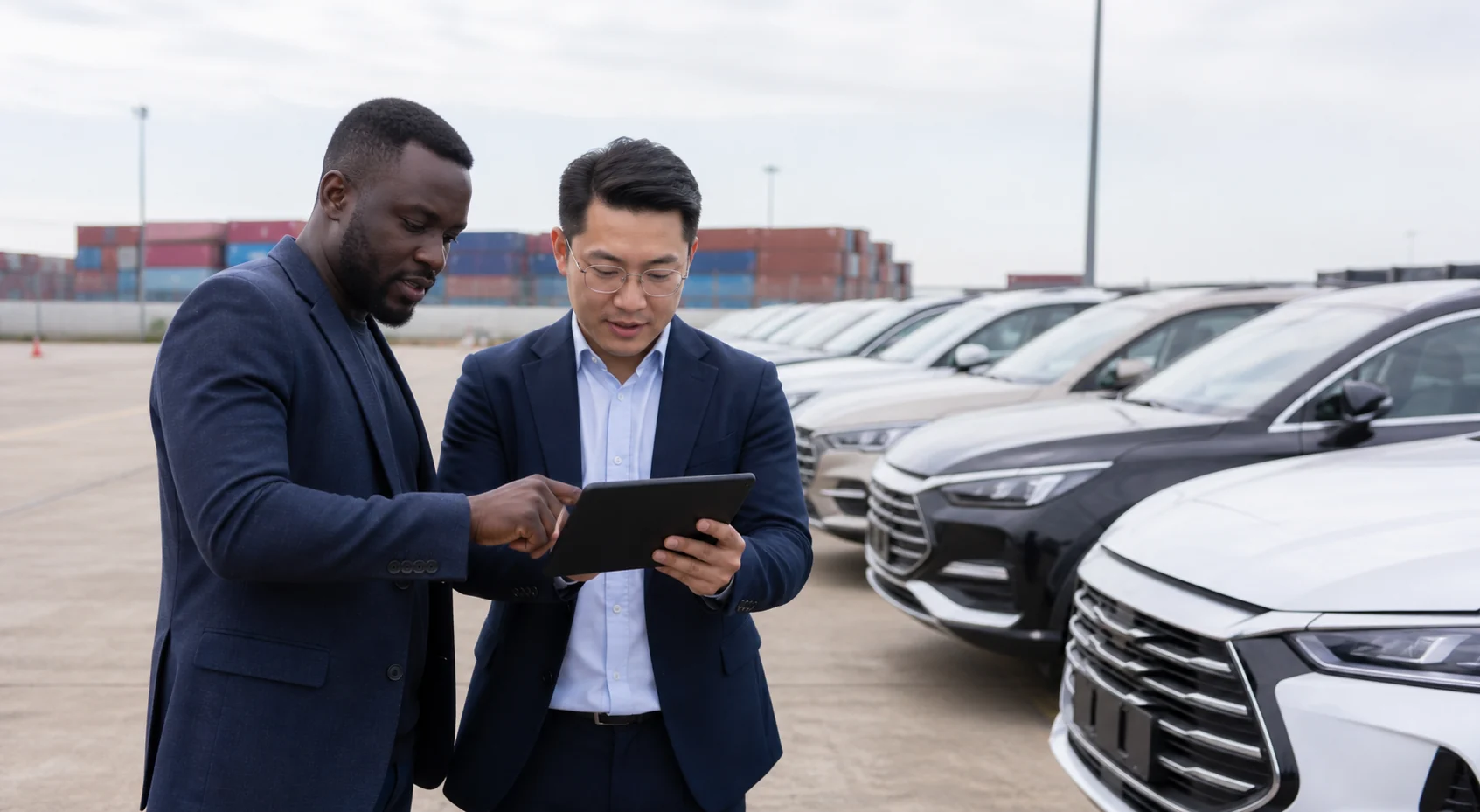 Vehicle sourcing specialists reviewing options in an export yard